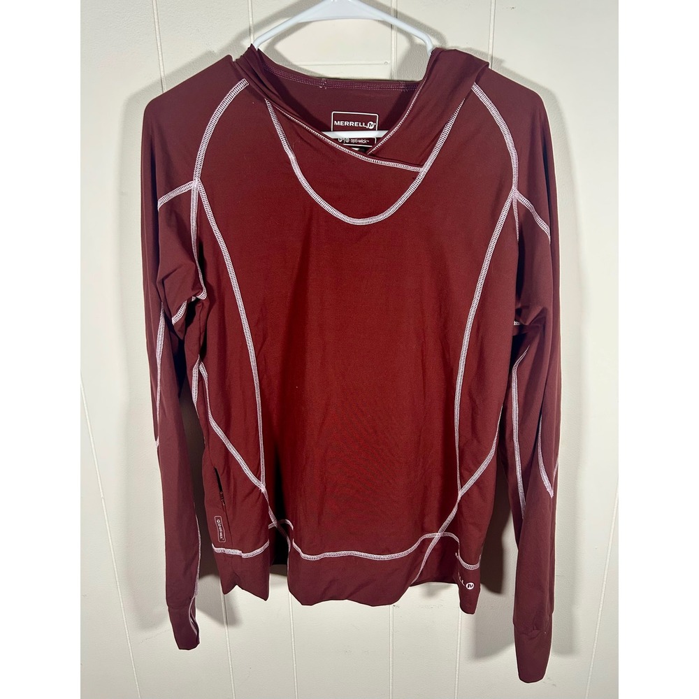 Merrell Opti-Wick Womens L Maroon Burgundy Performance Hoodie Thumbholes